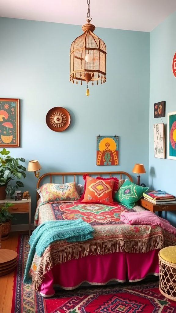 A colorful bohemian bedroom featuring vibrant textiles and unique art pieces.