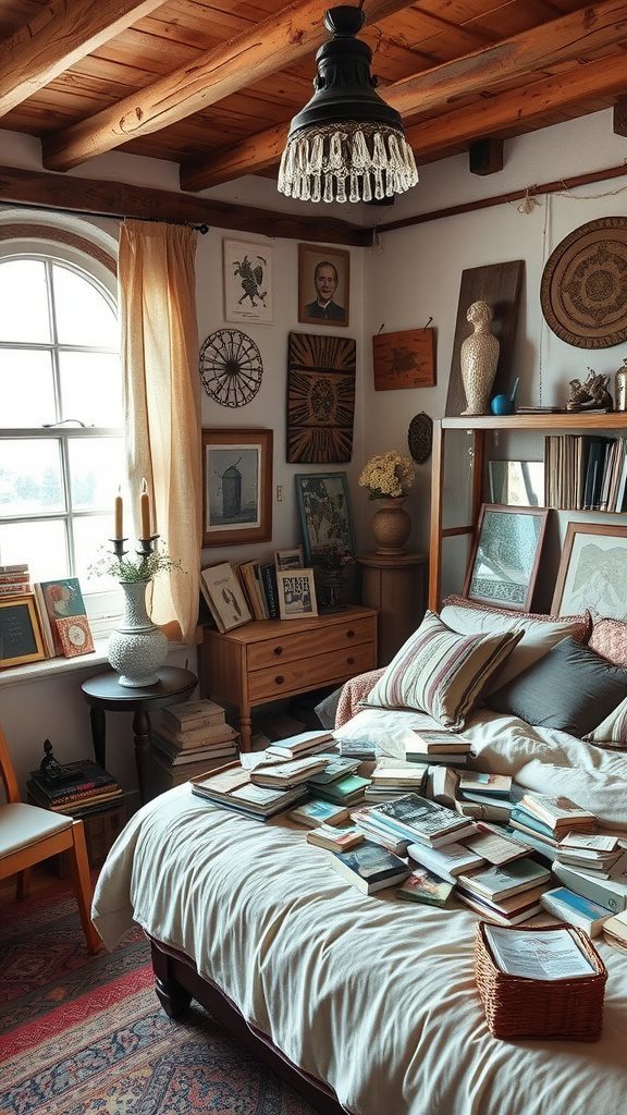 A rustic bedroom featuring eclectic decor with books, artwork, and cozy textiles.
