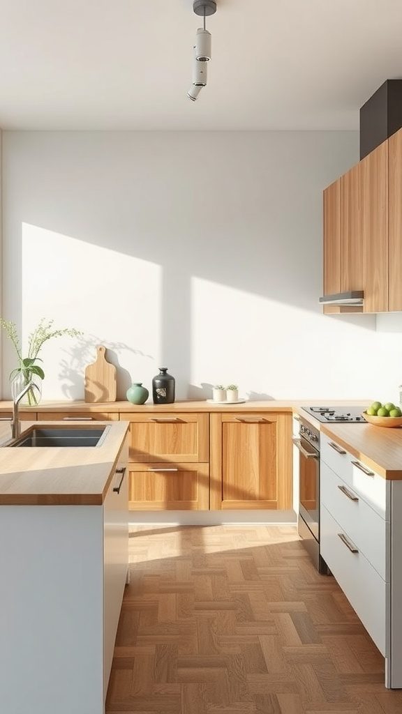 A minimalist kitchen with wood cabinetry, a sleek design, and natural light.