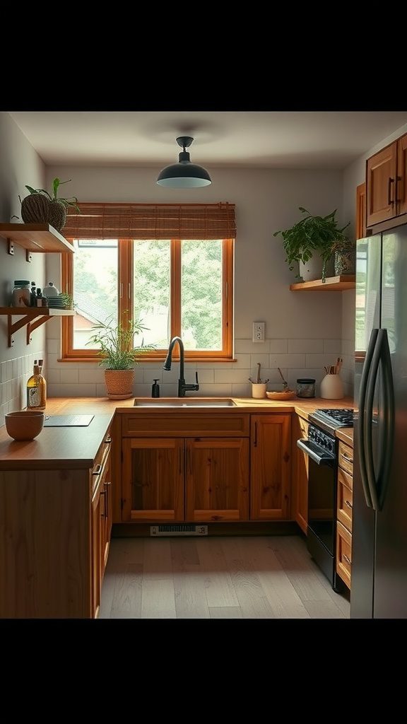 A modern kitchen featuring wood cabinets, a sink, and natural light from the window.