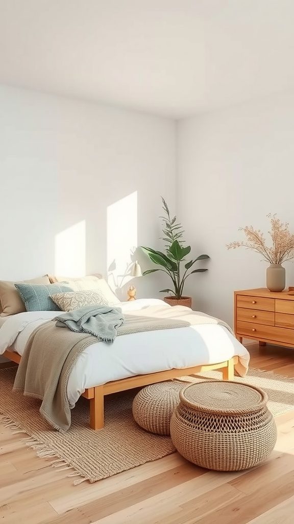 A modern bedroom featuring eco-friendly materials, with a wooden bed, natural fiber rug, and plants.