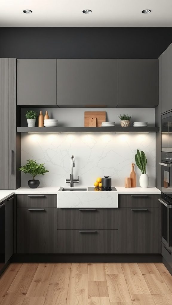 A sleek minimalist kitchen featuring dark cabinetry and a clean countertop with a sink and plants.