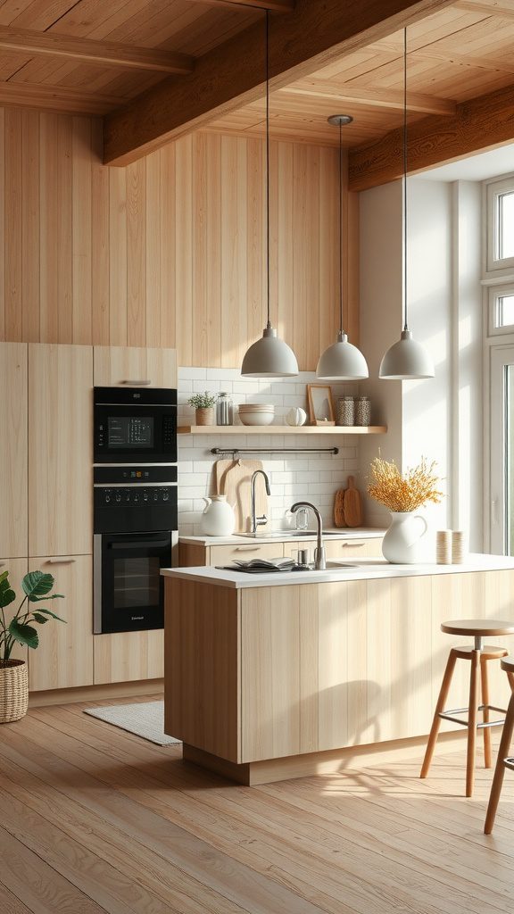 A bright Scandinavian kitchen featuring light wood cabinetry, minimalist decor, and natural light.