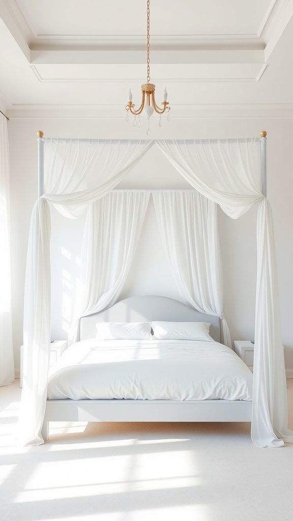 Minimalist bedroom featuring an elegant canopy bed with white drapes and a chandelier.