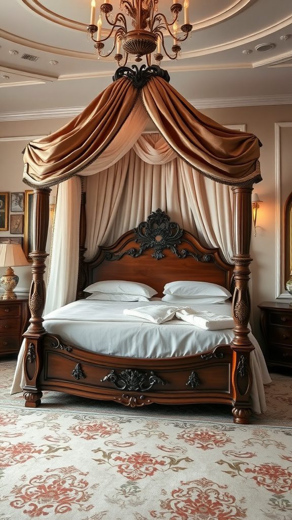 A luxurious canopy bed with ornate wooden frame and elegant drapes.