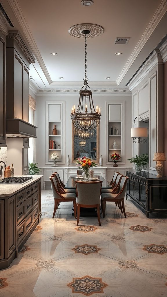 A luxurious kitchen with an elegant dining space featuring a chandelier and stylish furniture.