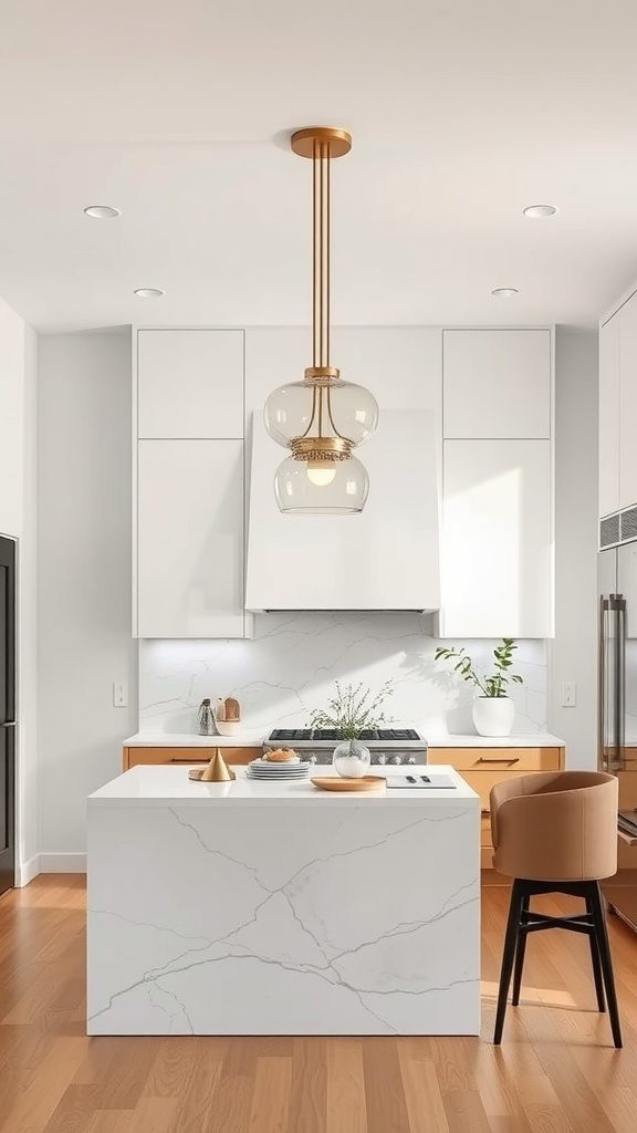 A modern kitchen featuring a stylish pendant light above a white marble kitchen island.