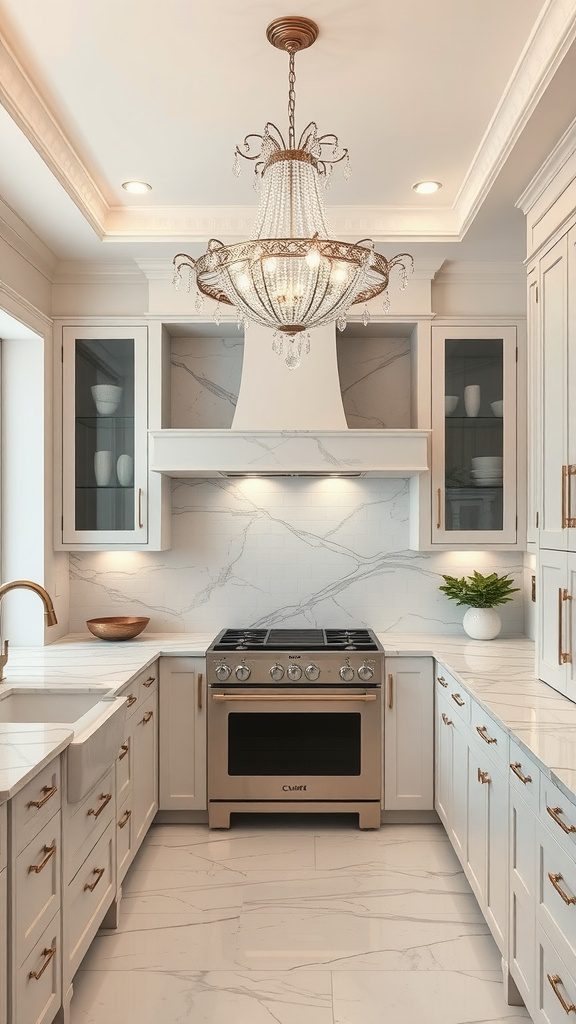 A luxurious kitchen featuring elegant marble accents and a stylish chandelier.