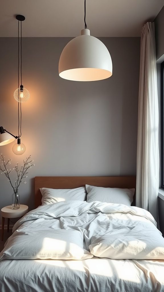 Minimalist bedroom featuring elegant lighting fixtures with soft tones.