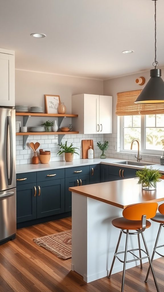 A stylish kitchen featuring dark blue and white cabinets, a wooden countertop, and modern decor.