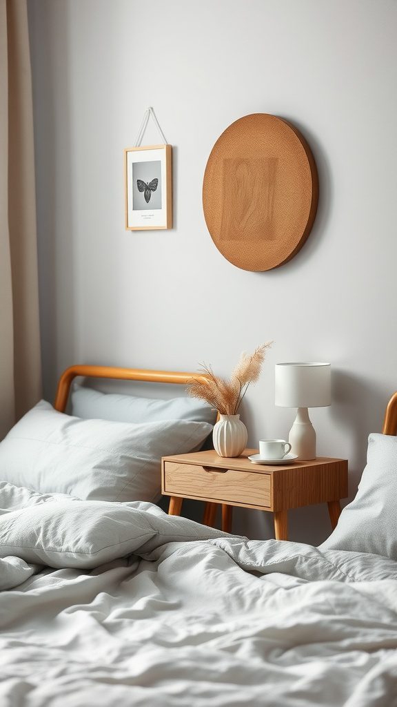 A cozy Scandinavian bedroom featuring soft bedding, a wooden nightstand with a small vase and lamp, and minimal wall decor.