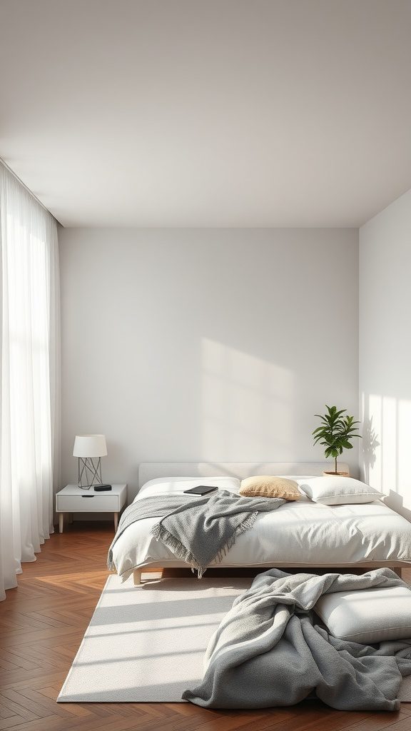 A minimalist bedroom featuring a simple bed, soft blankets, a small plant, and natural lighting.