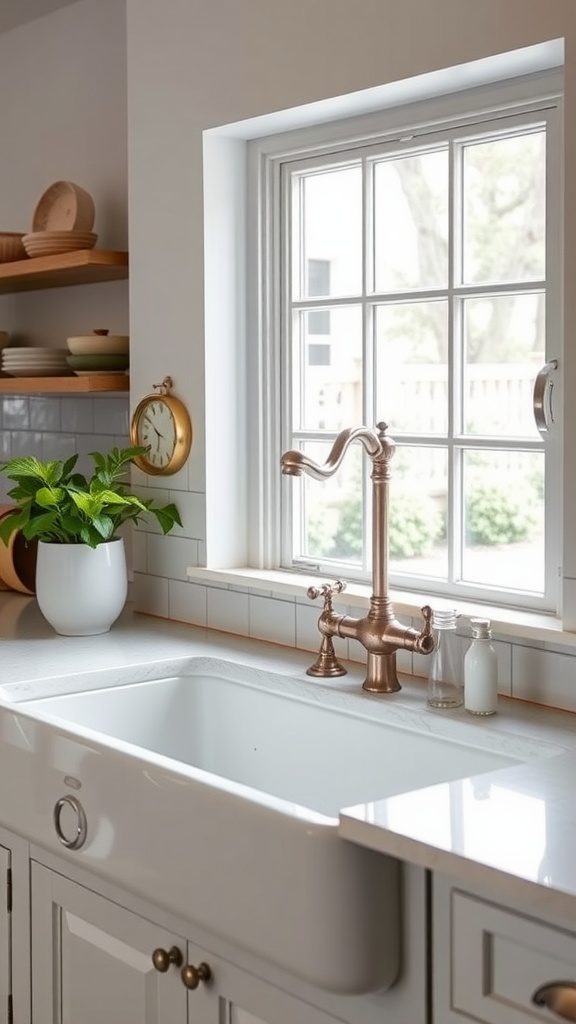 A modern farmhouse sink with a stylish faucet and a window view