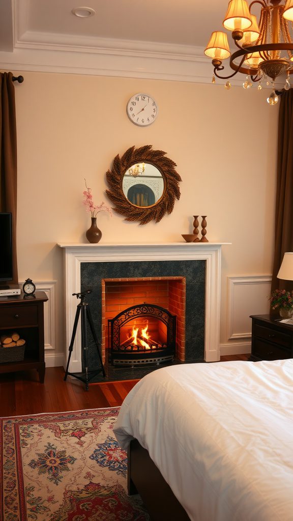 Cozy master bedroom featuring a fireplace with flames, elegant decor, and warm lighting.