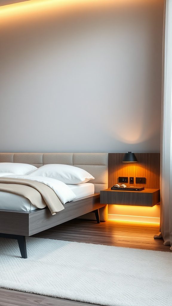 Modern bedroom with floating nightstand and soft lighting