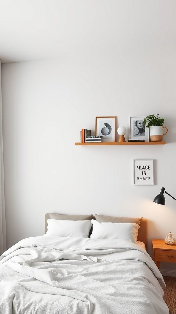 A modern bedroom featuring a cozy bed with white bedding and floating shelves adorned with books and decorative items.
