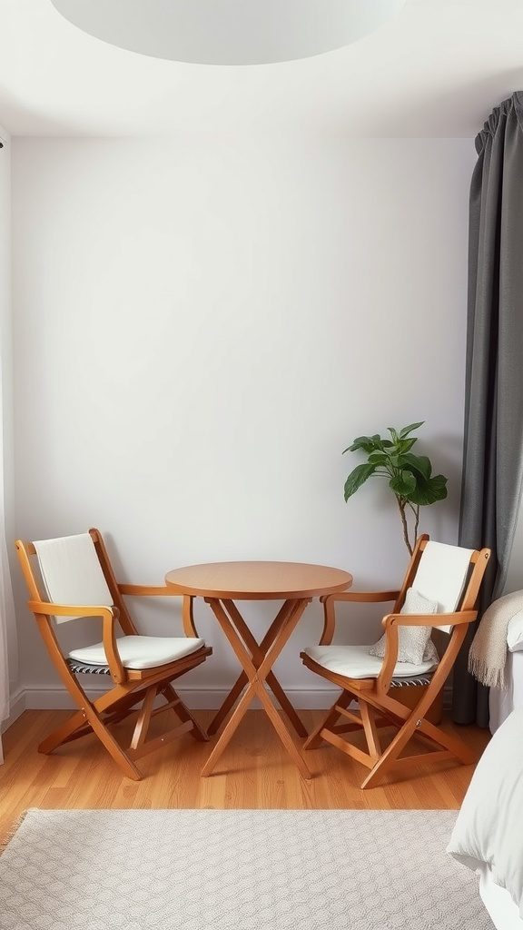 A small round table with two foldable chairs in a cozy bedroom corner.