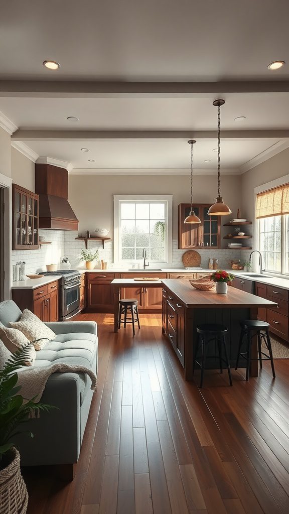 A cozy kitchen with warm wood cabinetry, an island with seating, and a comfortable sofa, creating a family-friendly atmosphere.