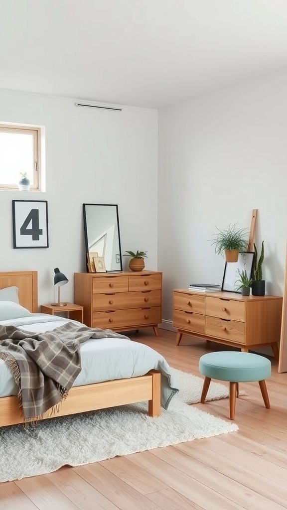 A Scandinavian bedroom with wooden furniture, a cozy blanket, and minimal decor.