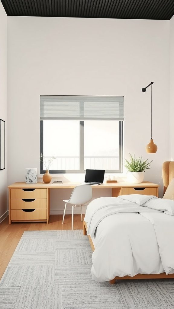 A minimalist bedroom featuring a workspace with a desk and chair next to a neatly made bed.