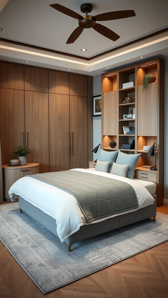 A cozy master bedroom with built-in storage and a comfortable bed.