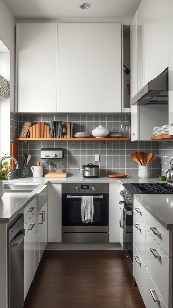 A minimalist kitchen featuring sleek cabinetry and organized work zones, showcasing a functional design.