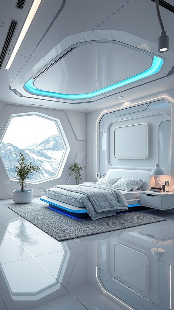 A futuristic minimalist bedroom with a sleek design and clean lines.