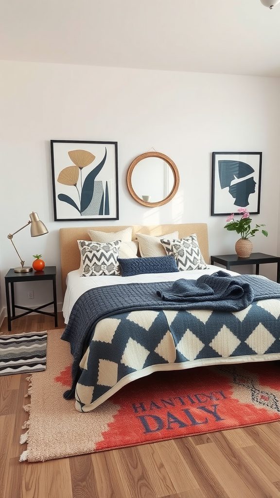 A modern bedroom featuring geometric patterns in decor and textiles.