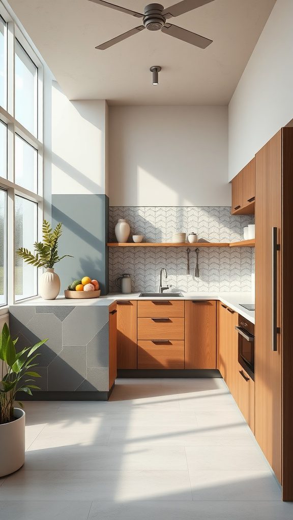 A minimalist kitchen with geometric shapes, featuring wooden cabinets and a modern design.