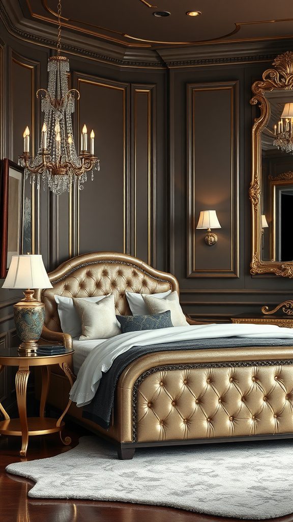 Luxurious bedroom interior with metallic accents, showcasing a plush bed, chandelier, and elegant decor.