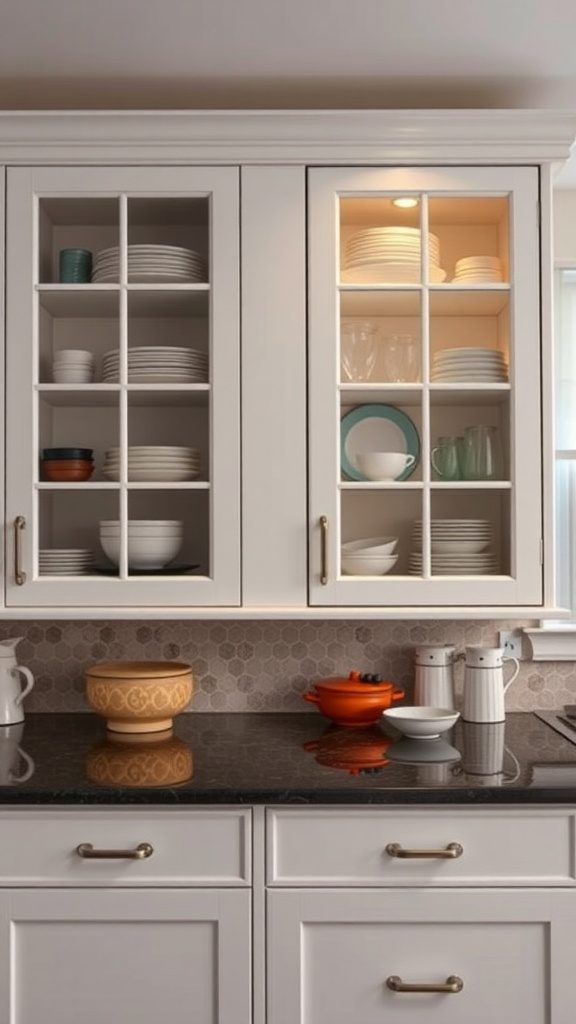A modern kitchen featuring glass front cabinets displaying neatly arranged dishes and glassware.