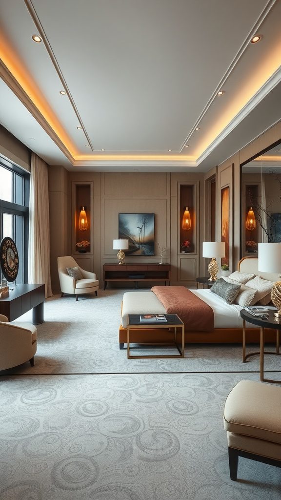 Luxurious grand master suite with elegant furnishings and warm lighting