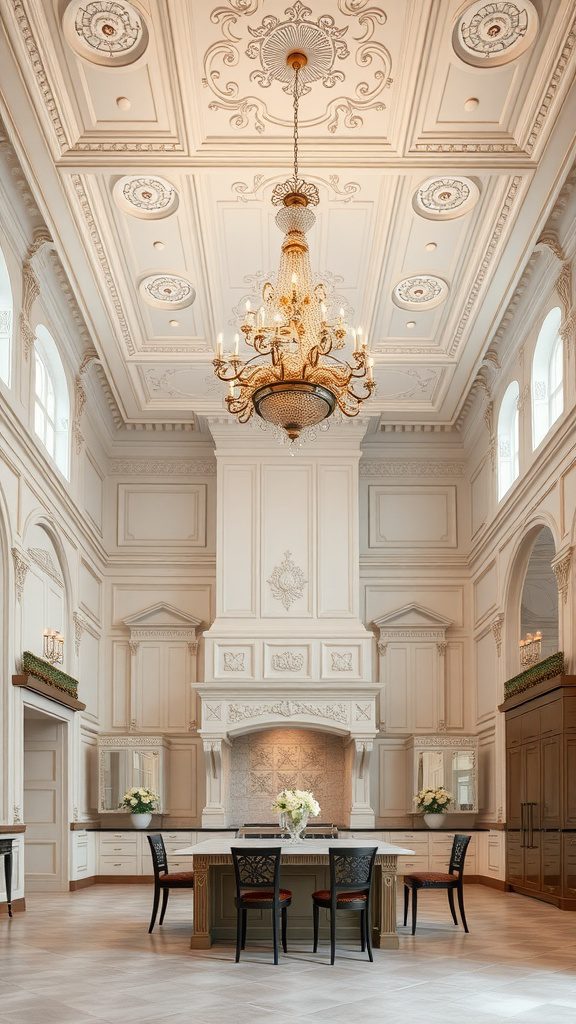 Luxurious kitchen with grand high ceilings and elegant chandelier