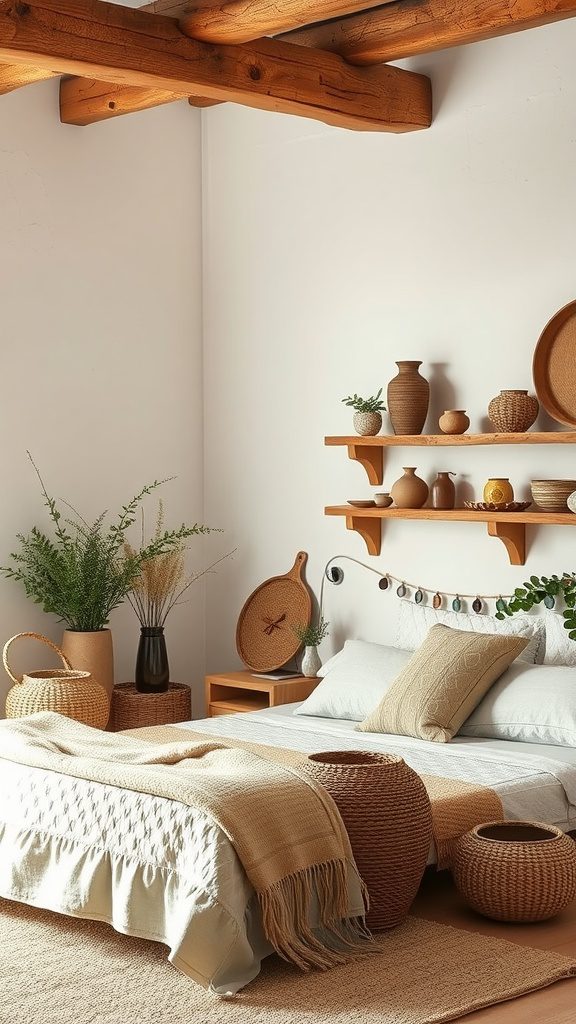 A cozy rustic bedroom featuring handcrafted decor items such as woven baskets and pottery.