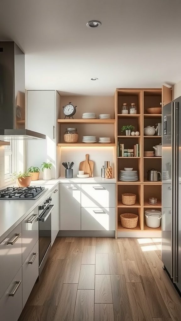 A minimalist kitchen with hidden storage solutions, featuring sleek cabinets and open shelves.