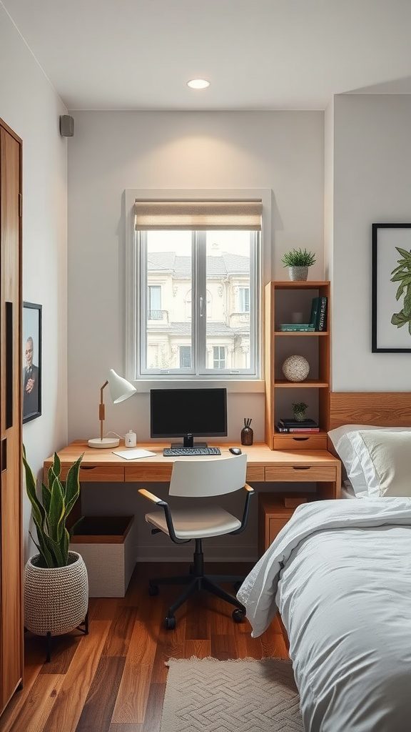 Cozy bedroom with a desk nook by the window, featuring a computer and plants.