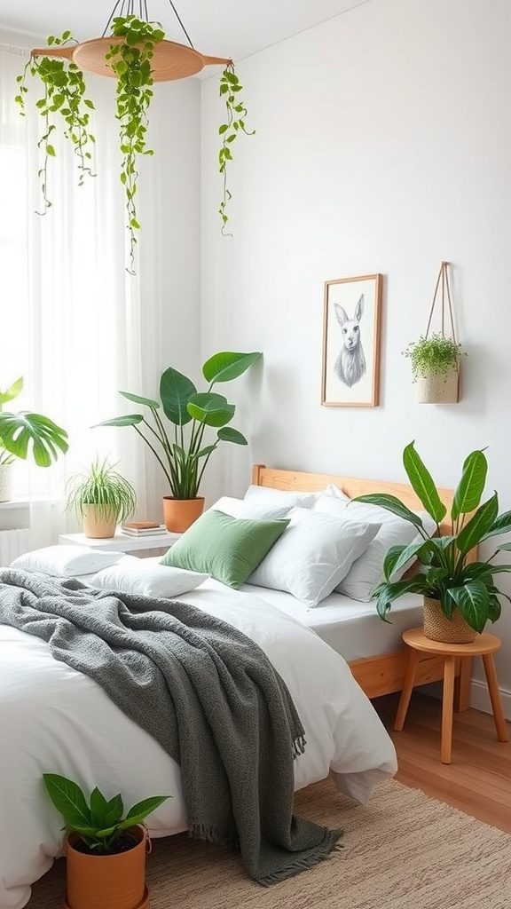 A well-decorated Scandinavian bedroom featuring various indoor plants, a cozy bed, and a minimalist design.