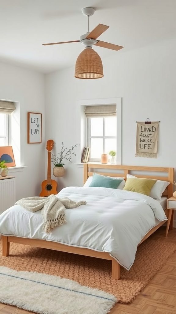 A cozy Scandinavian bedroom with natural materials and earthy tones.