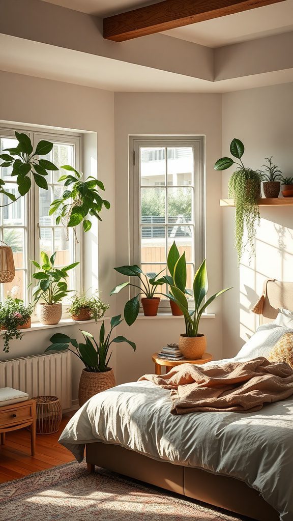 Cozy master bedroom filled with indoor plants and natural light.
