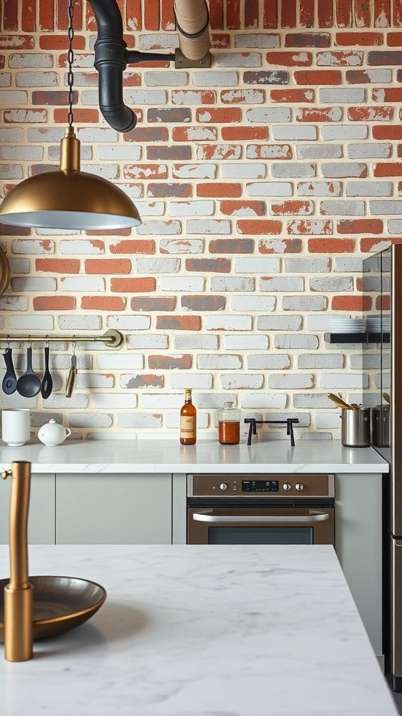 A modern kitchen featuring exposed brick walls, metal fixtures, and a marble countertop.