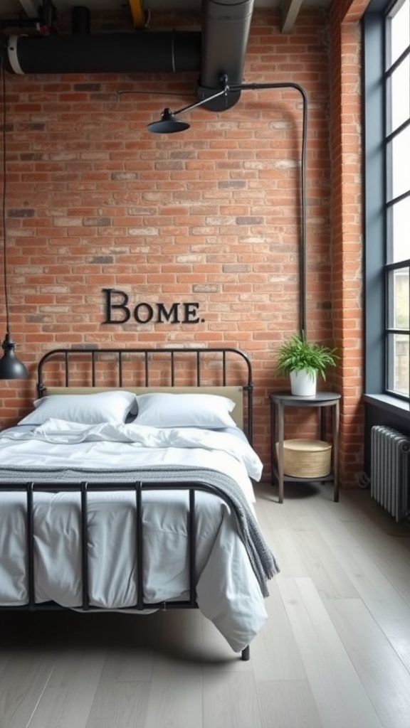 A minimalist bedroom featuring exposed brick walls, a black metal bed frame, and simple decor.