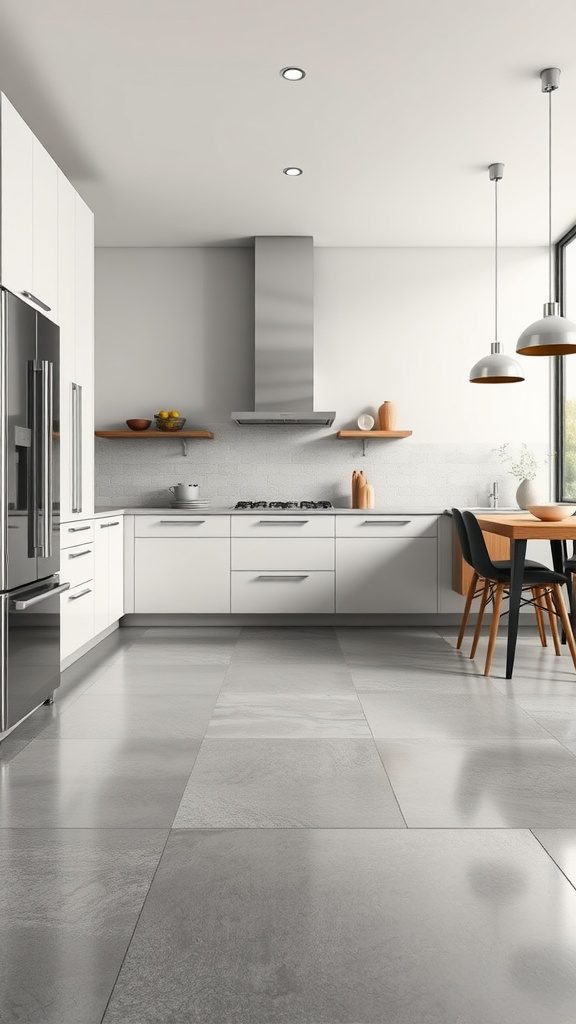 Modern kitchen with large-format gray tiles and minimalist design.