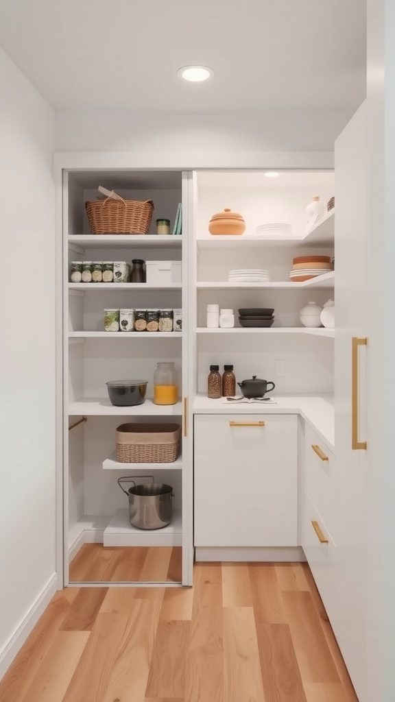 Minimalist pantry with organized shelves and storage options