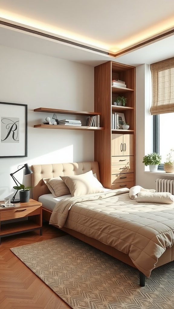 Luxurious bedroom with built-in storage solutions and cozy decor
