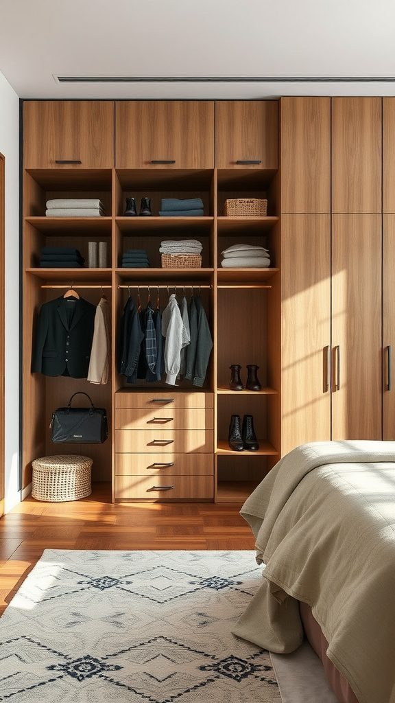 A modern bedroom featuring a wooden wardrobe with neatly arranged clothes and accessories.
