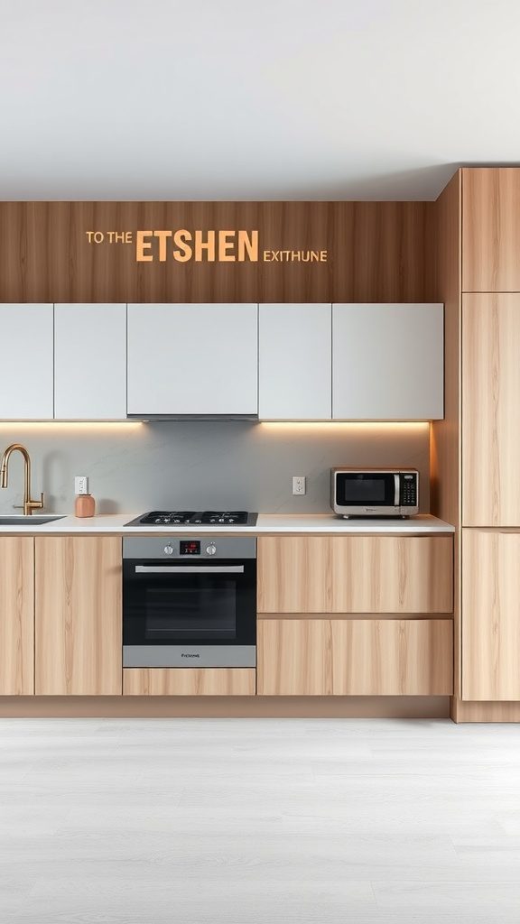 A minimalist kitchen with integrated appliances and wooden cabinetry.