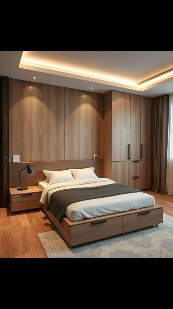 Modern bedroom featuring integrated storage solutions with wooden furniture.