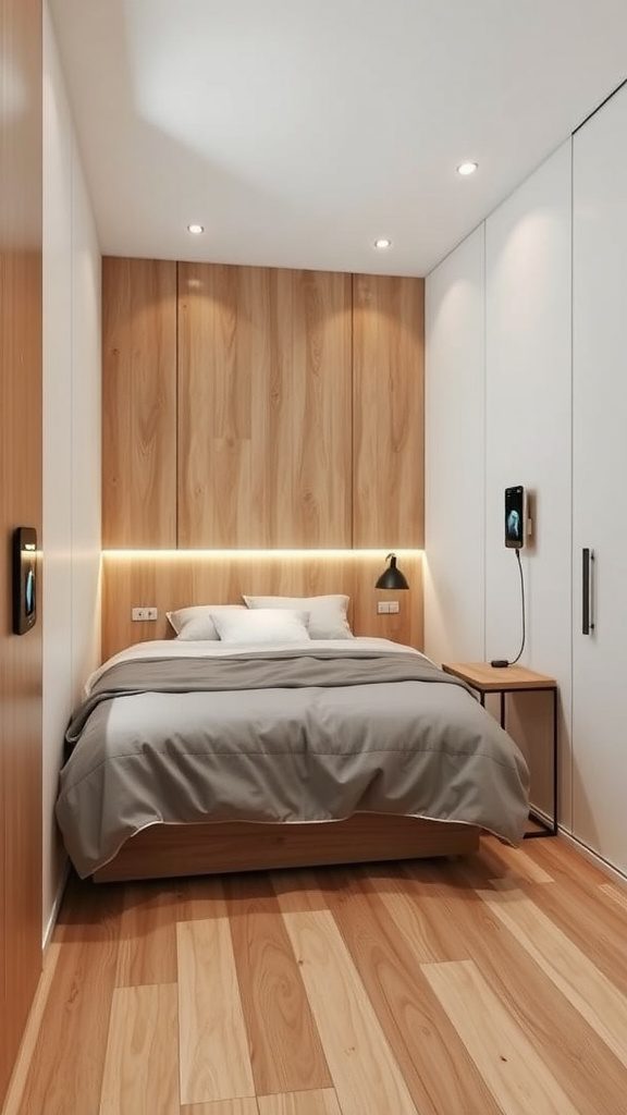 Small bedroom featuring integrated technology solutions.