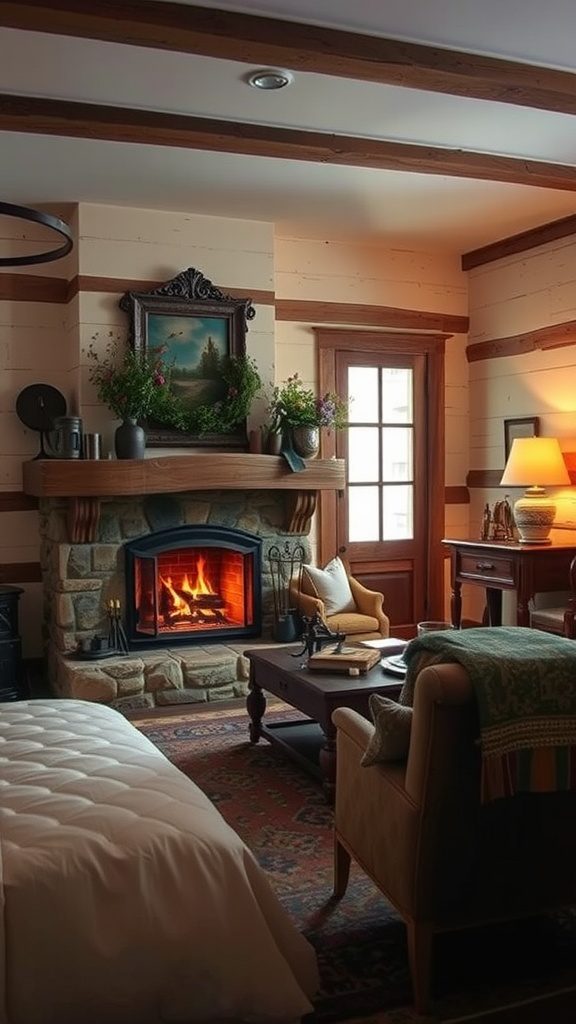 A cozy rustic bedroom featuring a stone fireplace with a warm fire, a comfortable bed, and inviting decor.