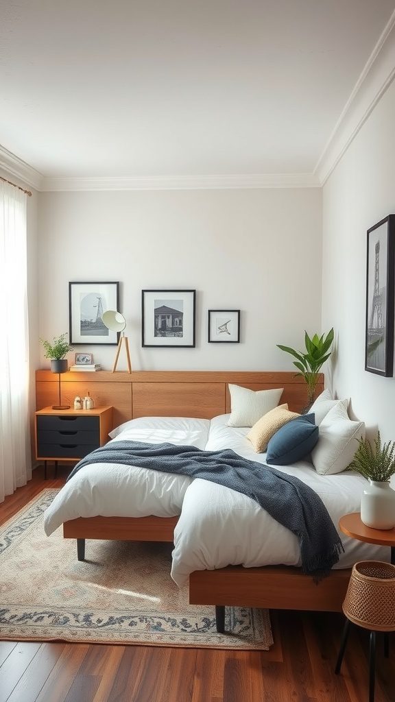 Cozy small bedroom with L-shaped furniture arrangement including a bed, bedside table, and decor.